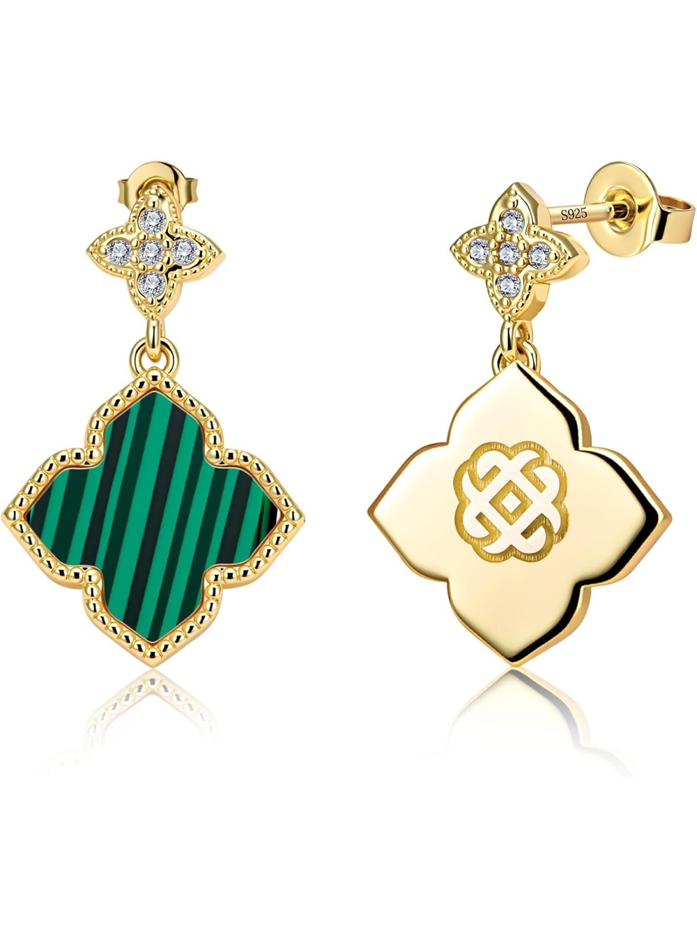 Anthropologie Gold-Tone Green Striped Clover Drop Earrings with Crystal Studs